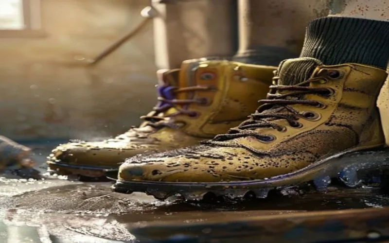 Muddy rugby boots being scrubbed clean with a stiff brush