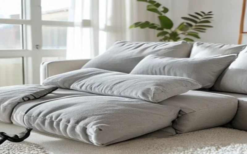 Grey fabric sofa cushions propped up for vacuuming in a bright living room