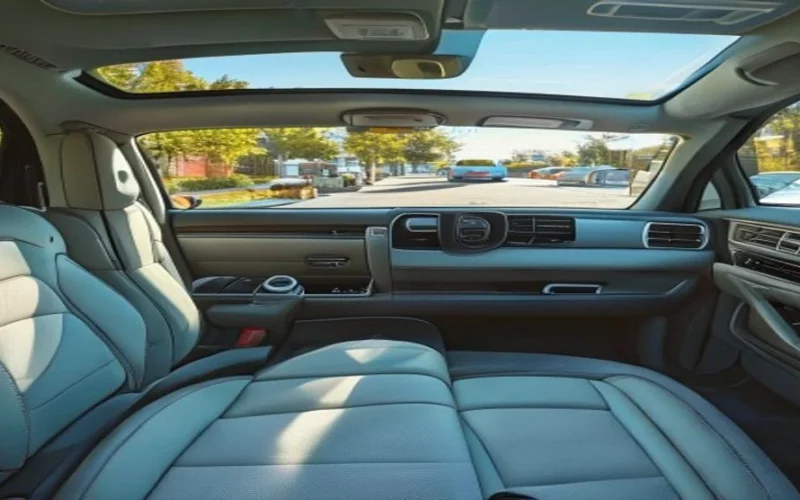 Clean car interior with a vacuum nozzle on the seat, driver door open