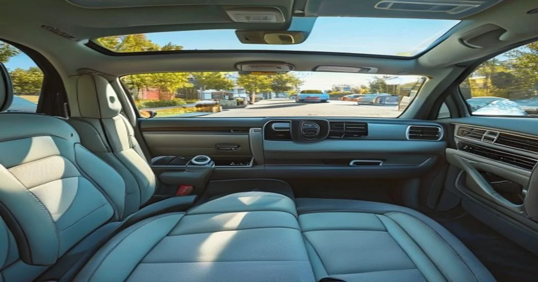 Clean car interior with a vacuum nozzle on the seat, driver door open
