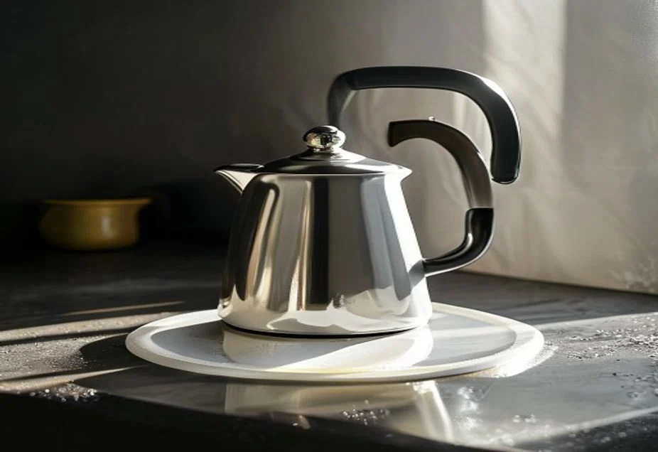 Chrome kettle standing on a white mat on a dark worktop in low sun