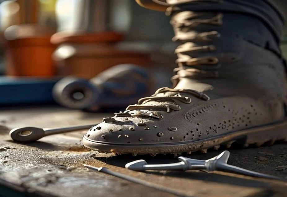 Close-up of a rugby boot soleplate with screw-in studs and a stud key