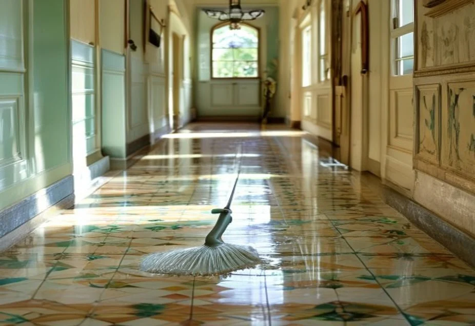 Mopping a Victorian patterned tile floor with a flat mop and clear water