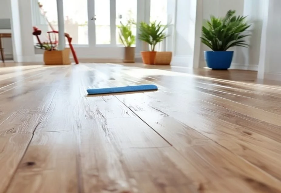 Damp-mopping a Karndean vinyl floor with a flat microfibre mop