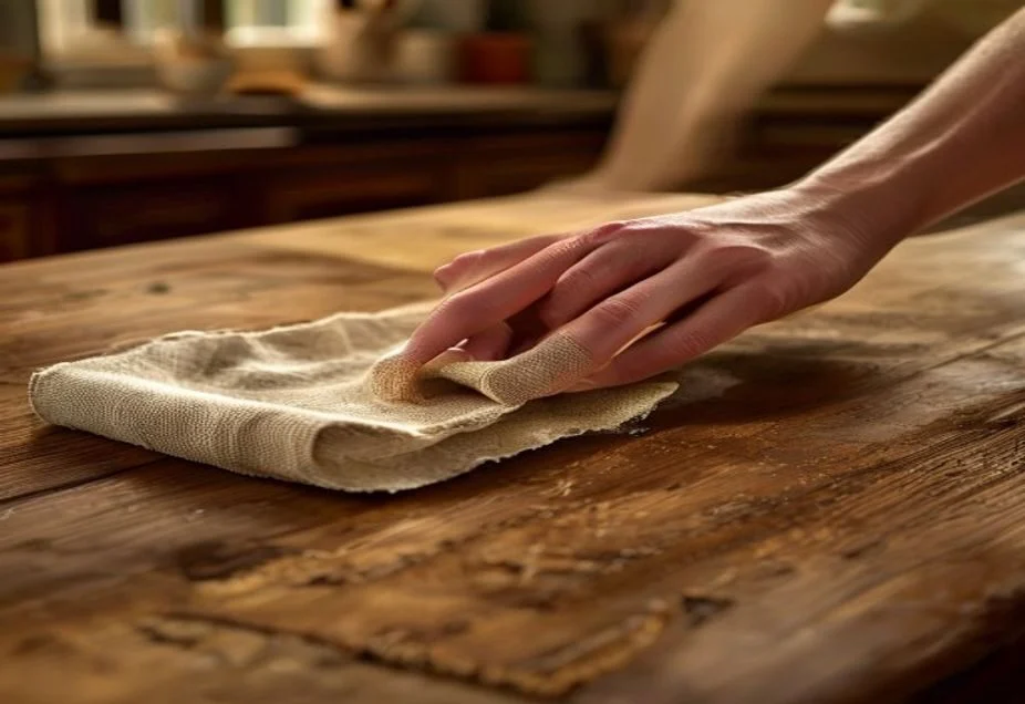 Oiling a solid oak kitchen worktop with a cloth, oiled half visibly darker