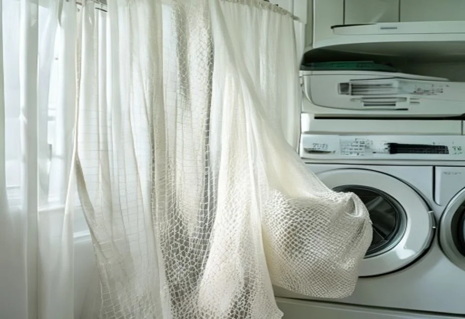Placing net curtains in a mesh laundry bag before machine washing