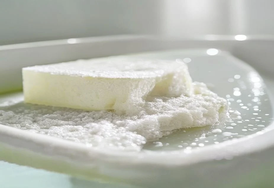 Removing a bath tidemark with bicarb paste Applying bicarbonate of soda paste to a soap-scum tidemark on a bath with a sponge