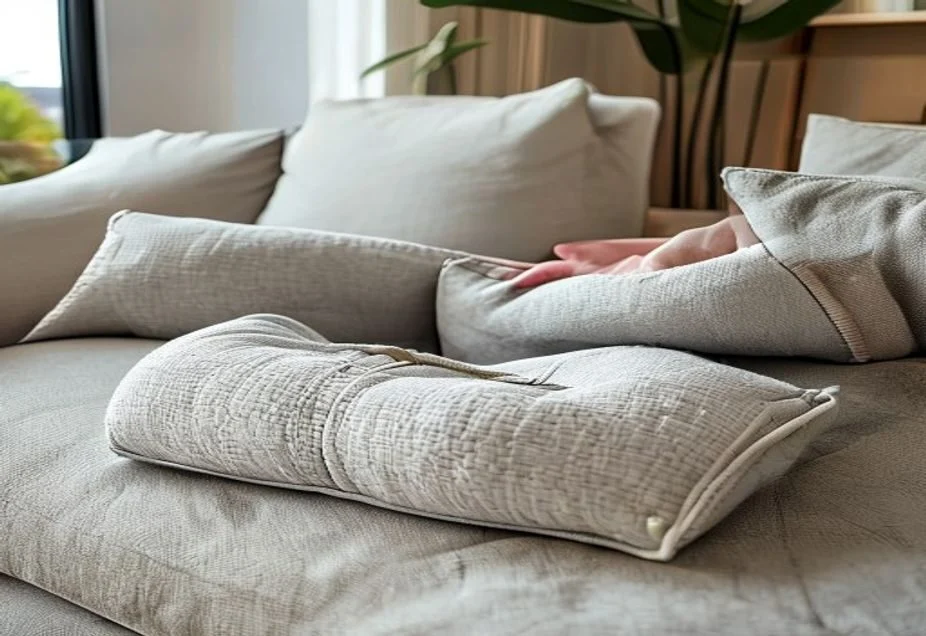 Removing the textured cover from a sofa cushion on a grey sofa