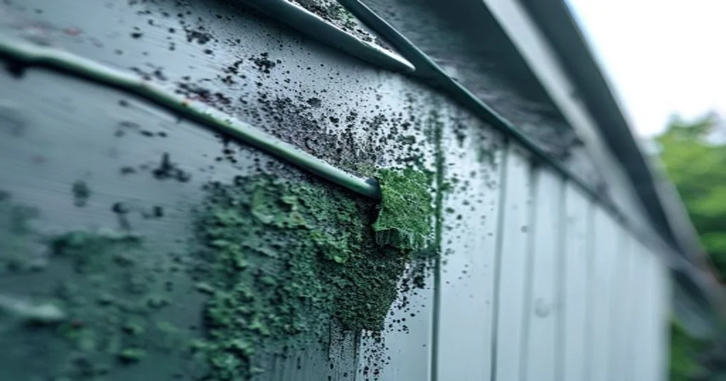 Removing algae and black streaks from a fascia Brushing green algae and black streaks off a white uPVC fascia board