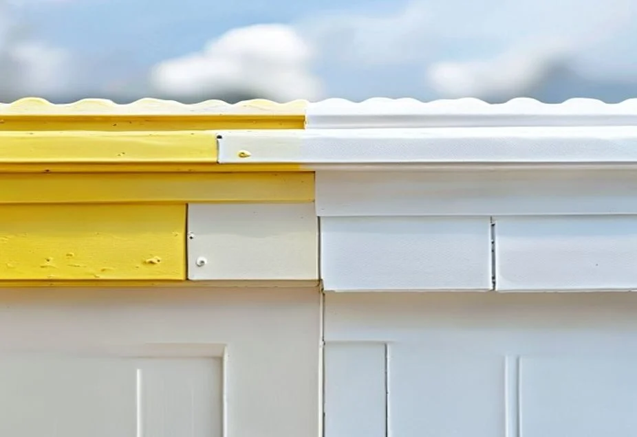 Restoring oxidised uPVC A uPVC fascia half yellowed and chalky, half restored to bright white