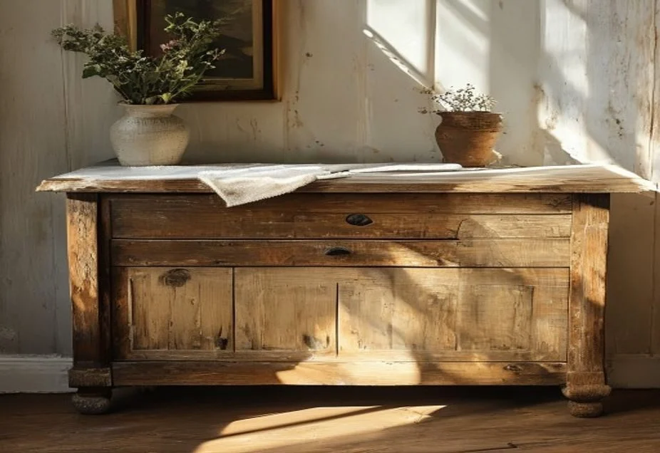 An antique pine dresser being revived, one section cleaned to a warm glow