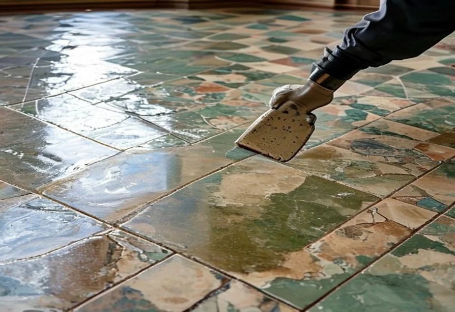 Applying breathable sealer to Victorian encaustic floor tiles with an applicator