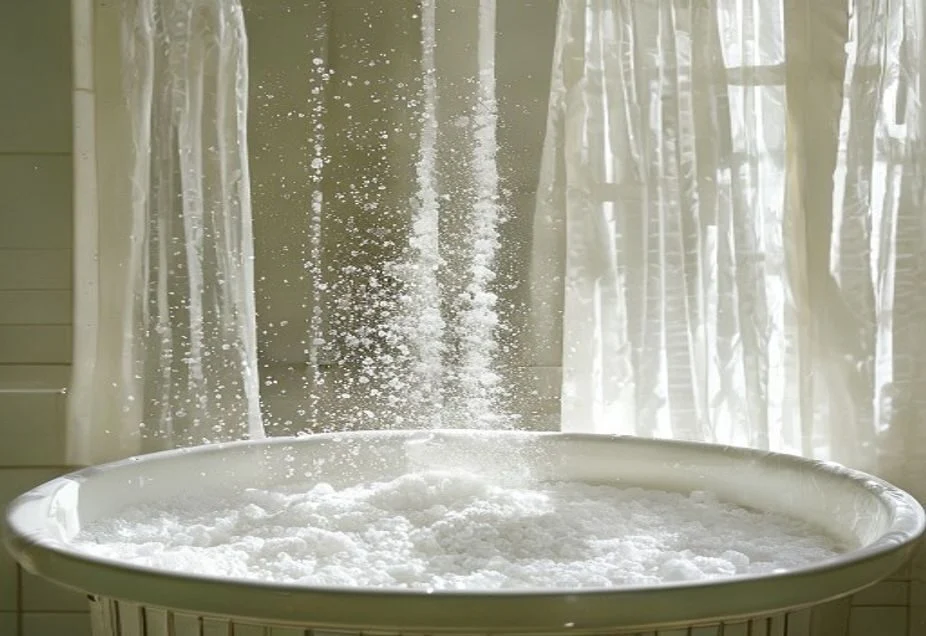 Net curtains soaking in a basin with bicarbonate of soda to whiten them