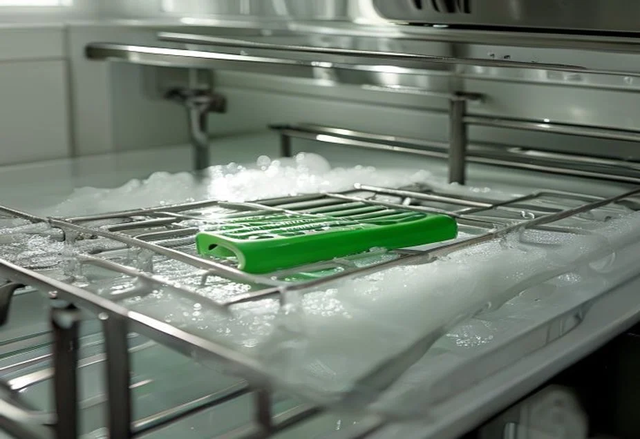 Oven racks soaking in a bath with a dishwasher tablet dissolving on top