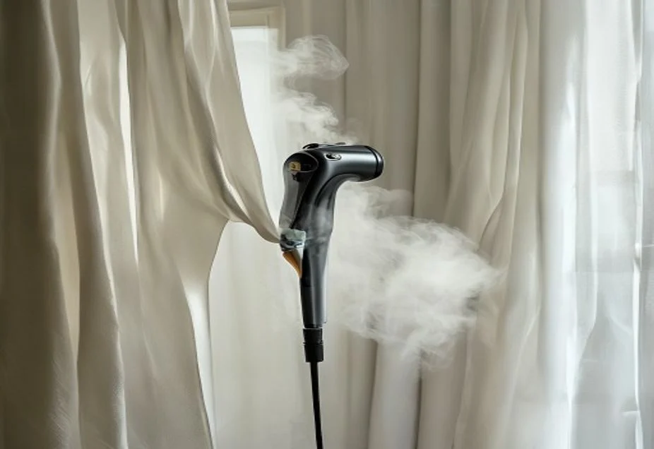 Steaming curtains in place Using a handheld clothes steamer on hanging curtains to freshen them