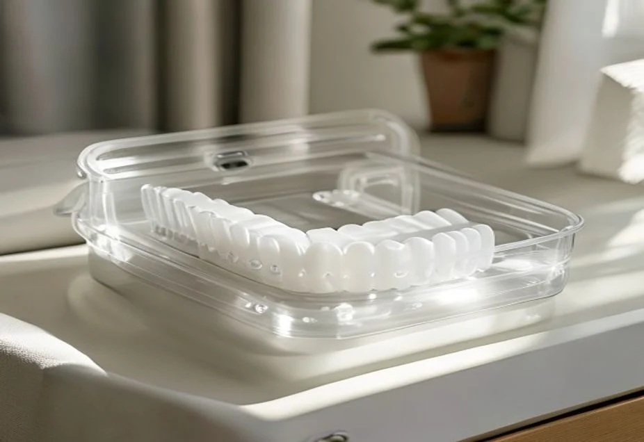 A clean night guard air-drying in an open ventilated storage case
