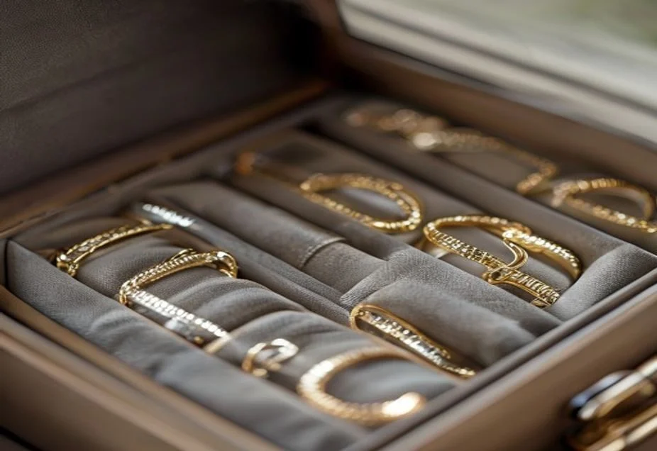 Delicate bracelets stored separately in a lined jewellery box