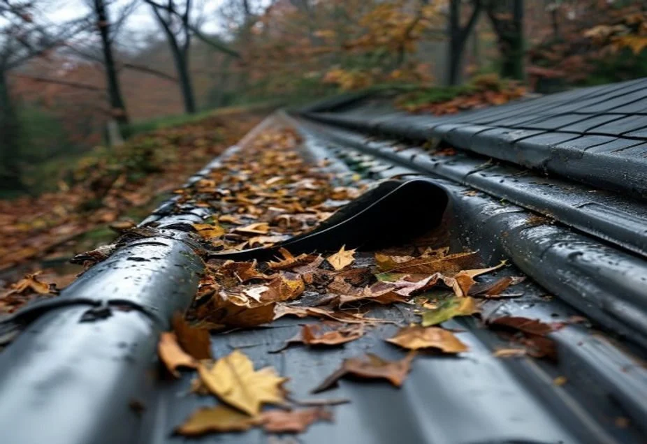 Gutter scoop lifting wet leaves and moss out of a white gutter channel