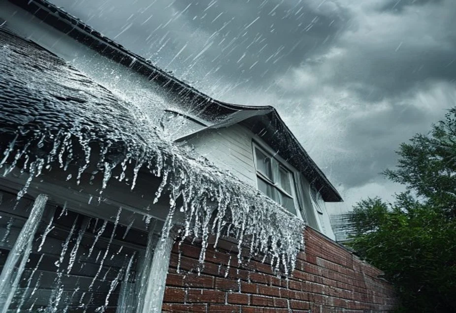 Rainwater overflowing the front edge of a white gutter during heavy rain