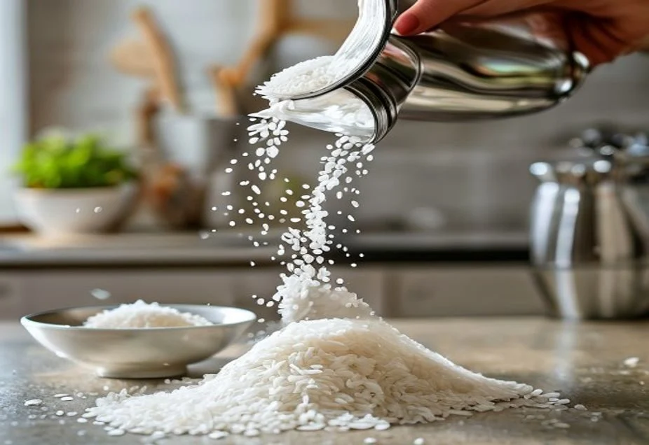 Pouring uncooked rice into a hip flask to scrub the inside clean