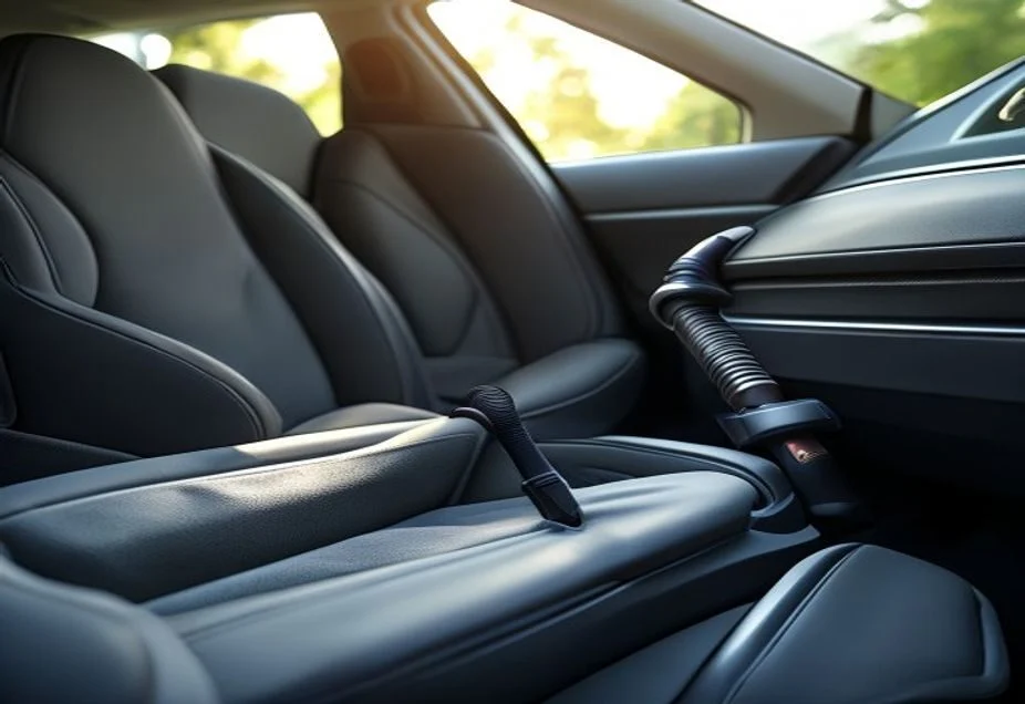 Vacuuming a car interior with a crevice tool Vacuum crevice tool cleaning between a car seat and the centre console