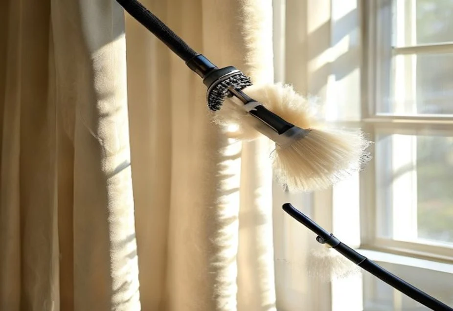 Vacuuming curtains before washing Vacuum upholstery brush removing dust from a hanging curtain