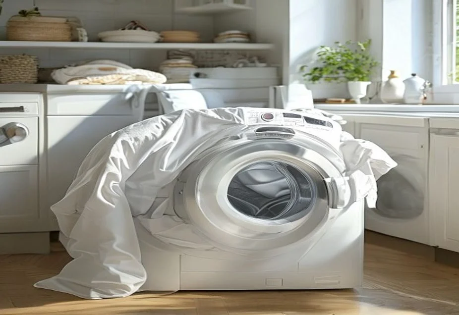 A white duvet loaded into a large front-loading washing machine