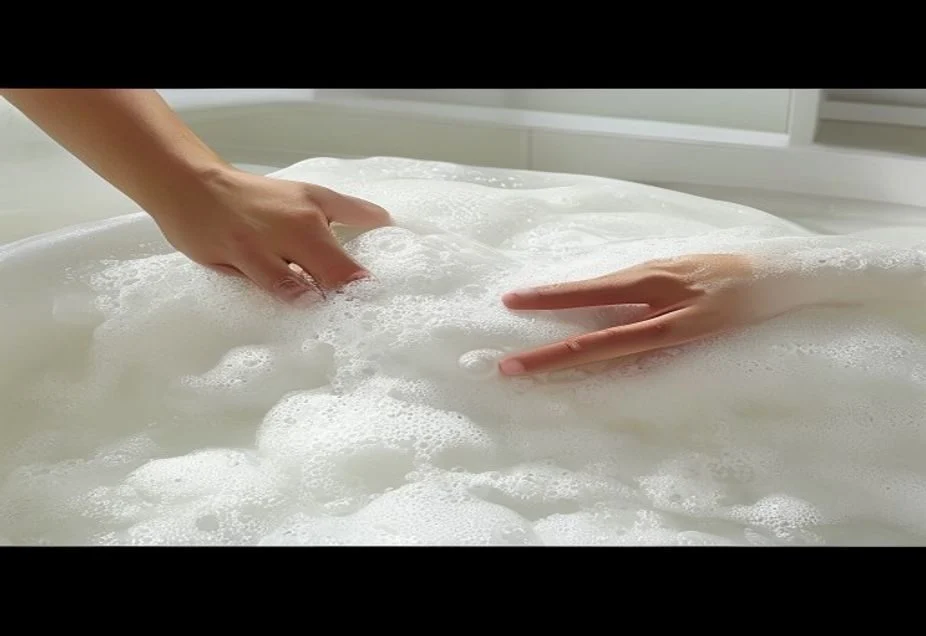 Hands pressing a foam sofa cushion through suds in a bath