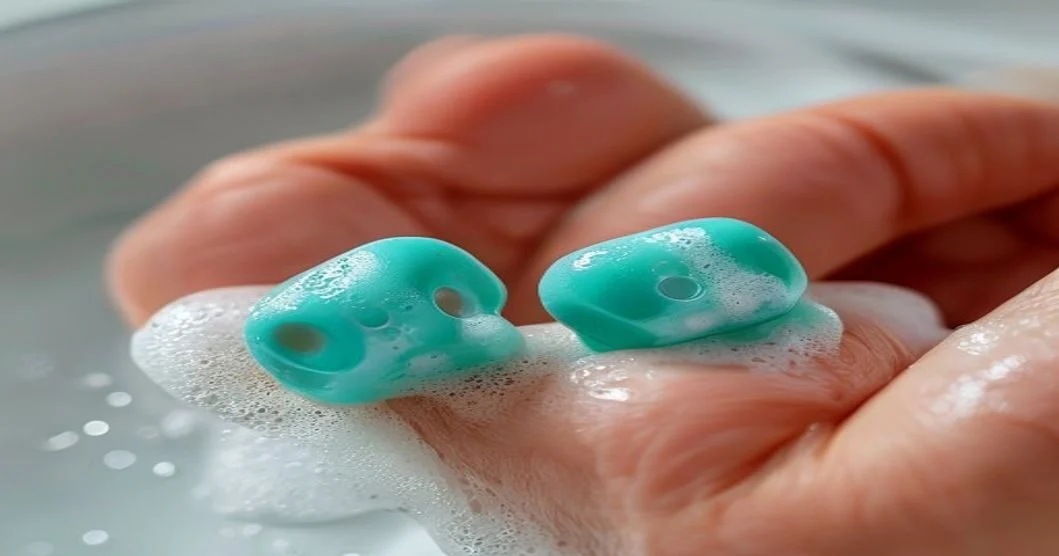 Washing reusable silicone ear plugs with mild soap and water