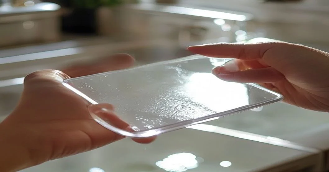 Rinsing the sticky side of a tempered glass screen protector under water