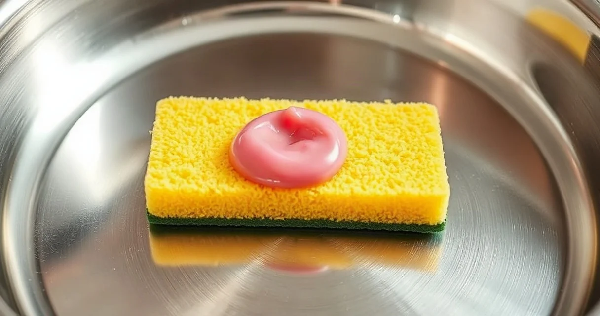 Pink cleaning paste on a sponge cleaning a stainless steel pan