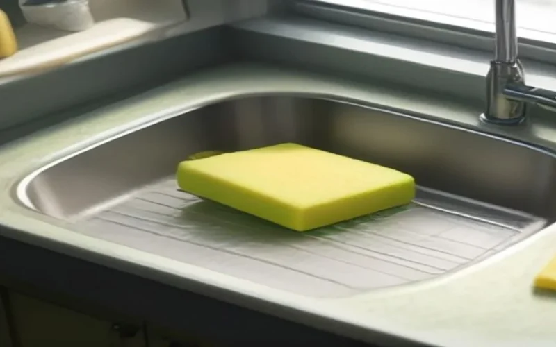 A used kitchen sponge on the edge of a stainless steel sink