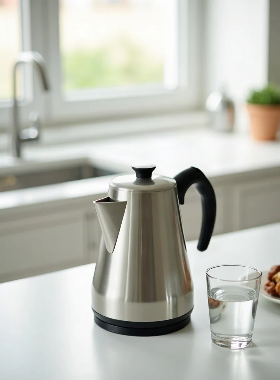 A clean stainless steel kettle beside a glass of clear water