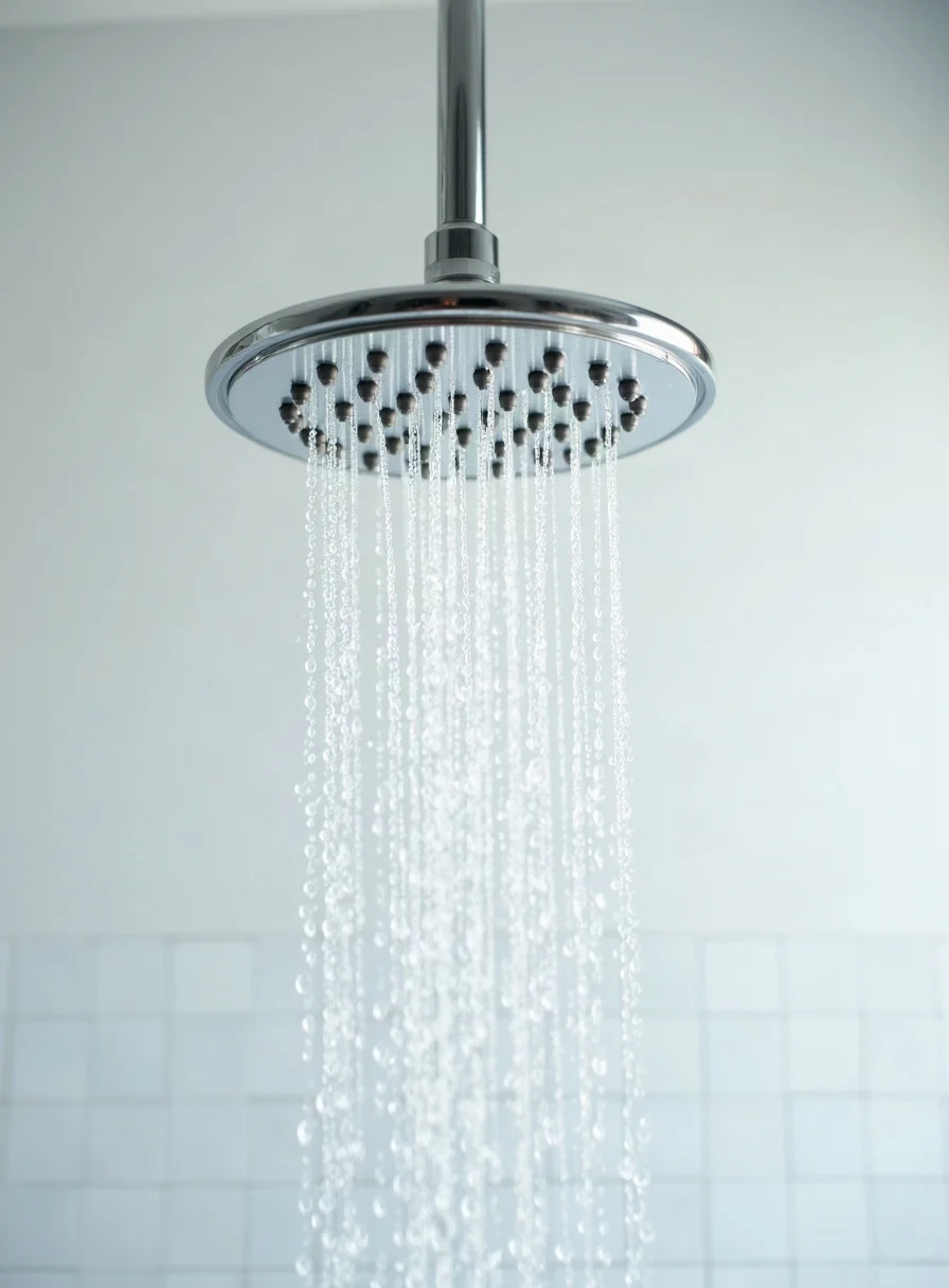 A chrome shower head running clear after descaling