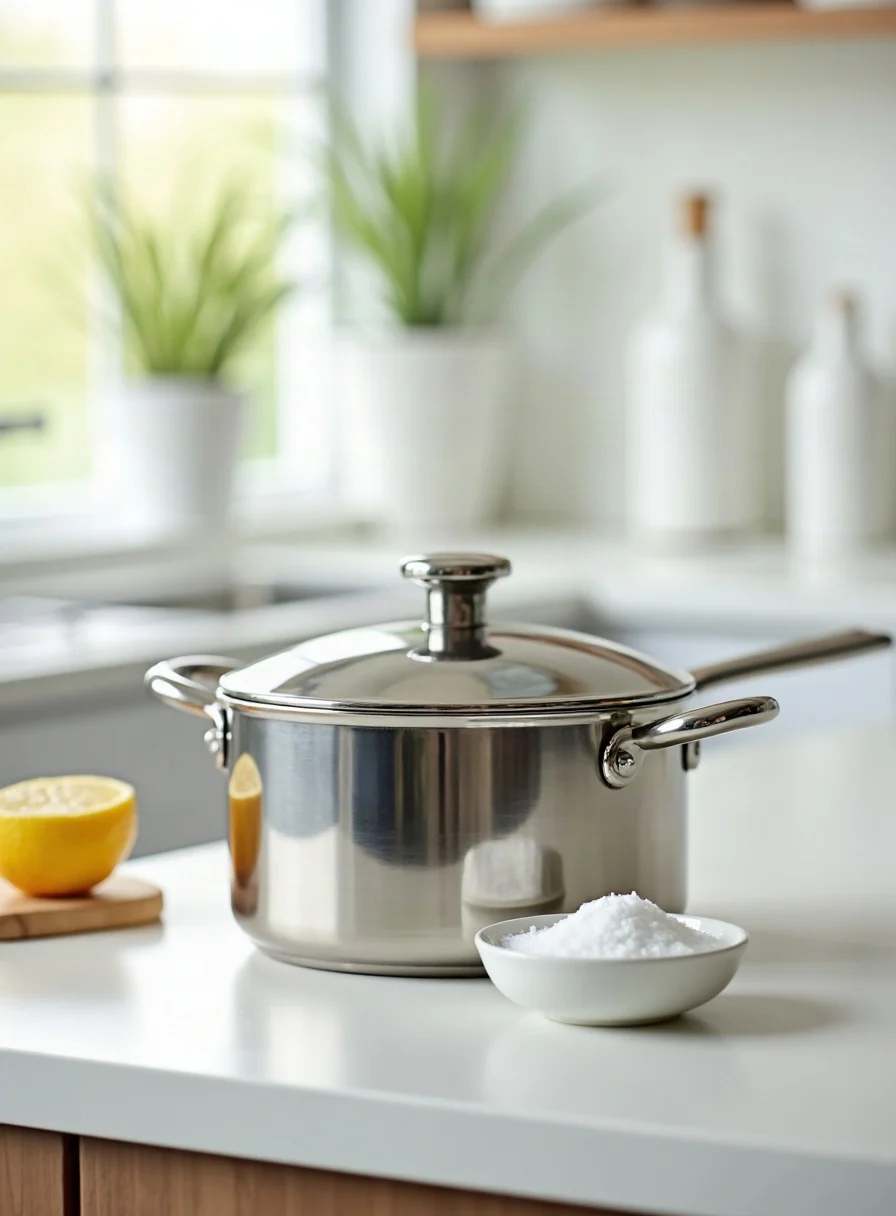 A clean stainless steel pan beside lemon and baking soda