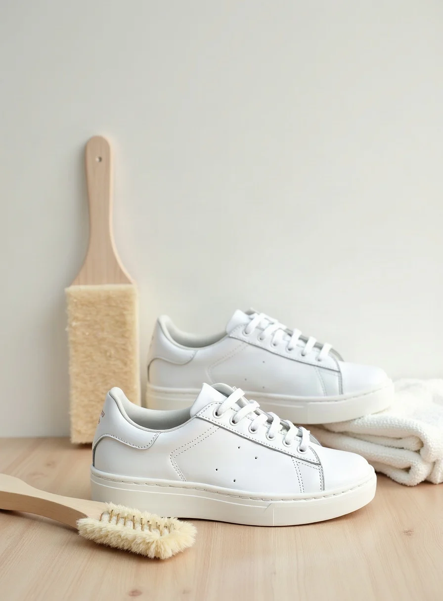 A pair of clean white trainers beside a cleaning brush