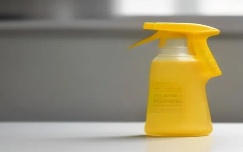 Two cleaning spray bottles kept apart on a kitchen counter with rubber gloves
