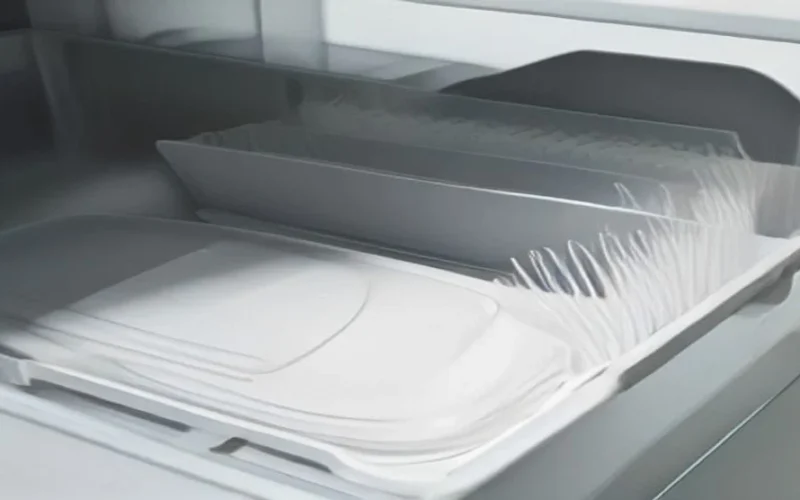 An open dishwasher loaded with clean plates, glasses and cutlery