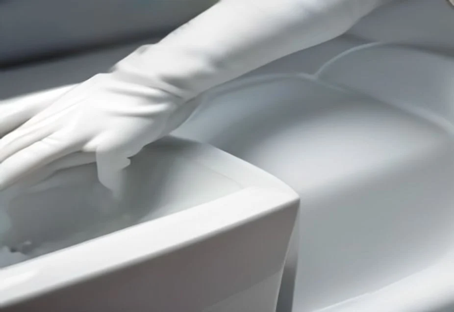 Cleaning a toilet bowl with a brush and disinfectant