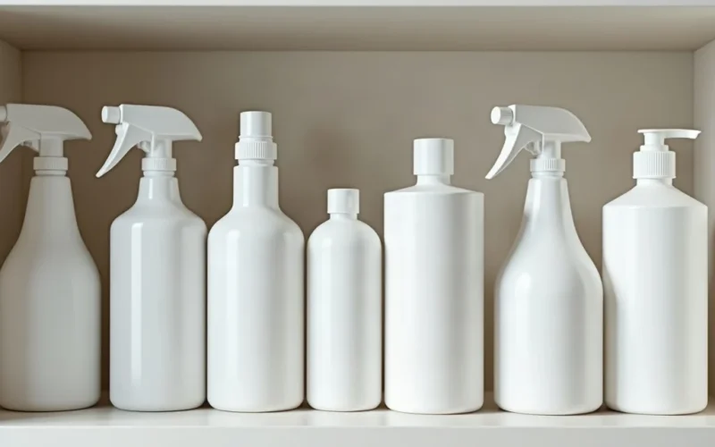 A shelf of assorted household cleaning bottles