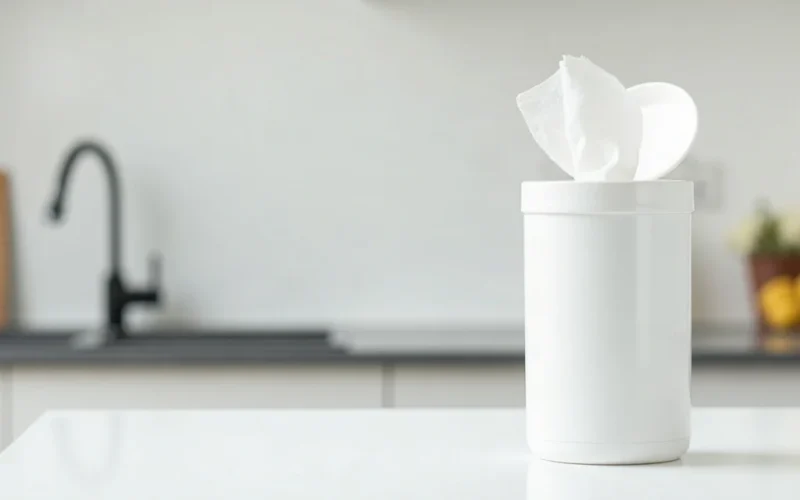 A tub of disinfectant wipes with one wipe pulled out