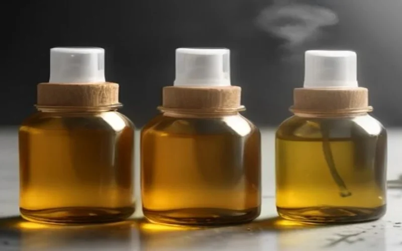 Amber bottles of essential oil with herb sprigs and a spray bottle on a worktop