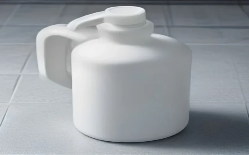 A plain white jug of household bleach on a bathroom floor