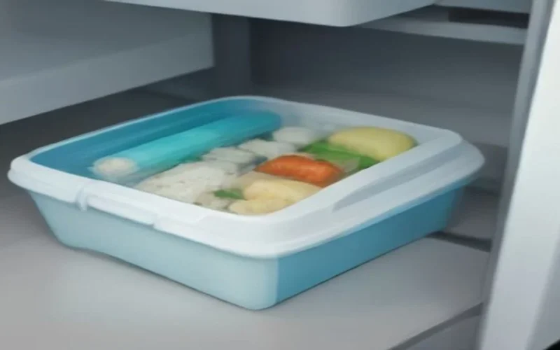 An open freezer drawer stacked with frozen food