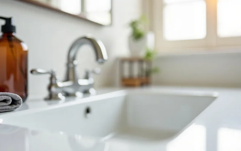 A brown bottle of hydrogen peroxide on a clean bathroom counter