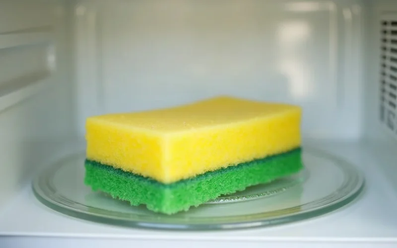 A wet kitchen sponge inside a microwave oven