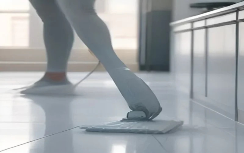 A steam mop cleaning a tiled floor with steam rising