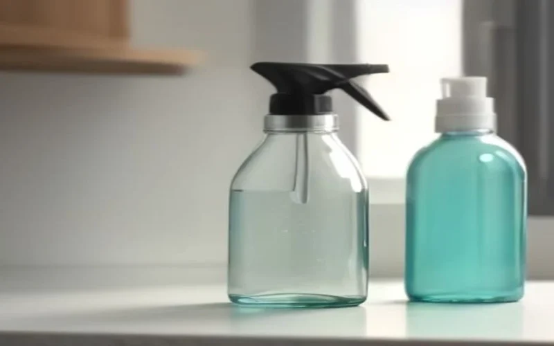 White vinegar, a spray bottle and a microfibre cloth on a kitchen worktop