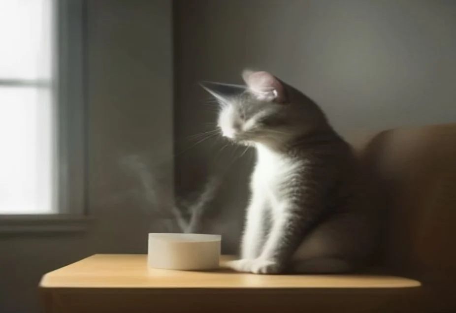 A cat near an essential oil diffuser emitting vapour