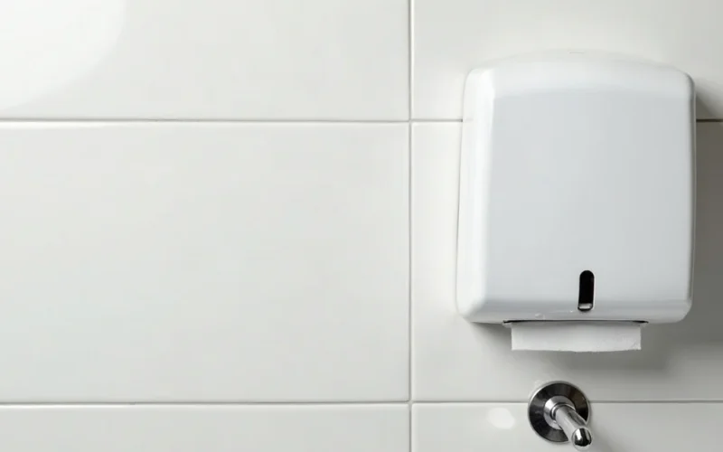 A paper towel dispenser and a hand dryer side by side in a washroom